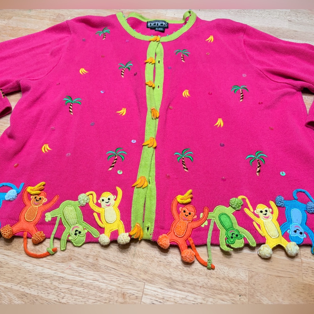 Berek vintage Pink and Green monkey Knit cardigan - Picture 5 of 10